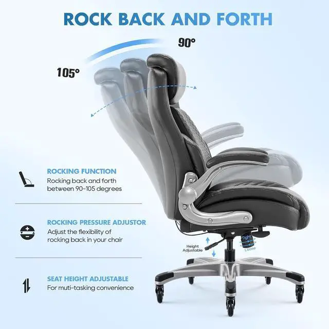Alt view image 7 of 7 - COLAMY Office Ergonomic Desk High Back Executive Chair with Pop-Out Lumbar Support, Upgraded Casters, Adjustable Headrest, Flip-Up Arms, Leather Home with Thick Cushion for Comfort - Black