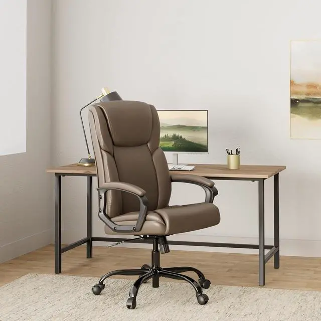 Alt view image 2 of 7 - ZUNMOS Home Office Executive Desk High Back Computer Adjustable Height and Swivel Task Lumbar Head Support Chair, Leather Brown