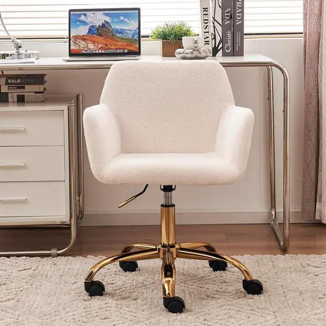 Alt view image 3 of 7 - Goujxcy Furry Office Chair - Faux Fur Home Office Swivel Desk Chair, Height Adjustable Rolling Chair for Bedroom, Living Room, Makeup Vanity