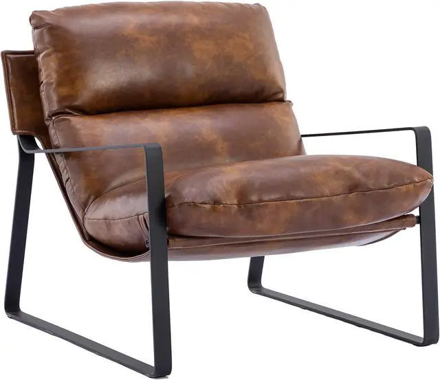 Main image of DUOMAY Mid-Century Accent Chair Armchair, Comfy PU Leather Leisure Chair Lazy Chair with Metal Leg for Living Room Bedroom Office Apartment, Brown