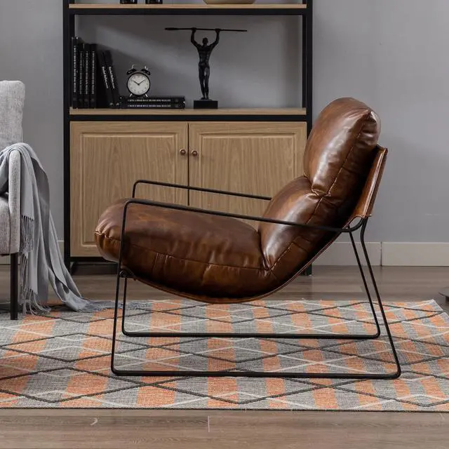 Alt view image 5 of 7 - DUOMAY Mid-Century Accent Chair Armchair, Comfy PU Leather Leisure Chair Lazy Chair with Metal Leg for Living Room Bedroom Office Apartment, Brown