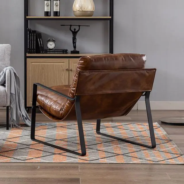 Alt view image 4 of 7 - DUOMAY Mid-Century Accent Chair Armchair, Comfy PU Leather Leisure Chair Lazy Chair with Metal Leg for Living Room Bedroom Office Apartment, Brown