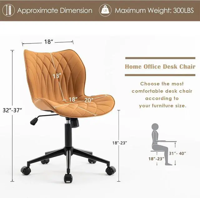 Alt view image 2 of 7 - YOUNUOKE Armless Desk Chair Comfy Office Chair with Wheels Home Ergonomic Task Chair Adjustable Computer Chairs Modern Faux Leather Swivel Chair Upholstered Makeup Vanity Chair with Back(Camel)