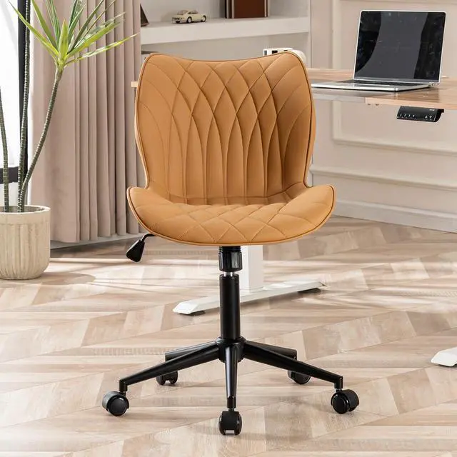 Main image of YOUNUOKE Armless Desk Chair Comfy Office Chair with Wheels Home Ergonomic Task Chair Adjustable Computer Chairs Modern Faux Leather Swivel Chair Upholstered Makeup Vanity Chair with Back(Camel)