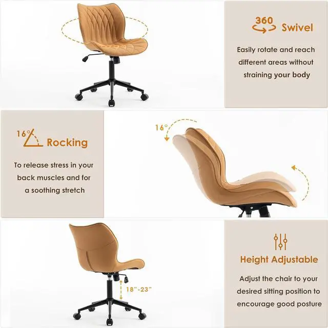 Alt view image 3 of 7 - YOUNUOKE Armless Desk Chair Comfy Office Chair with Wheels Home Ergonomic Task Chair Adjustable Computer Chairs Modern Faux Leather Swivel Chair Upholstered Makeup Vanity Chair with Back(Camel)