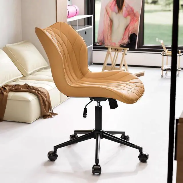 Alt view image 4 of 7 - YOUNUOKE Armless Desk Chair Comfy Office Chair with Wheels Home Ergonomic Task Chair Adjustable Computer Chairs Modern Faux Leather Swivel Chair Upholstered Makeup Vanity Chair with Back(Camel)