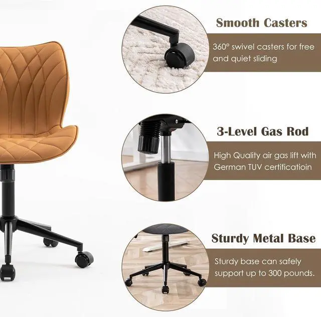 Alt view image 5 of 7 - YOUNUOKE Armless Desk Chair Comfy Office Chair with Wheels Home Ergonomic Task Chair Adjustable Computer Chairs Modern Faux Leather Swivel Chair Upholstered Makeup Vanity Chair with Back(Camel)