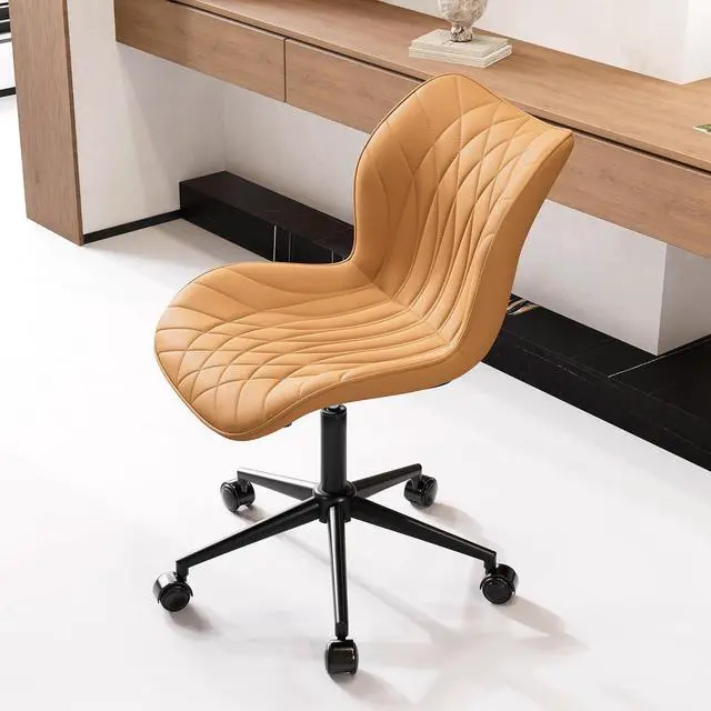 Alt view image 6 of 7 - YOUNUOKE Armless Desk Chair Comfy Office Chair with Wheels Home Ergonomic Task Chair Adjustable Computer Chairs Modern Faux Leather Swivel Chair Upholstered Makeup Vanity Chair with Back(Camel)