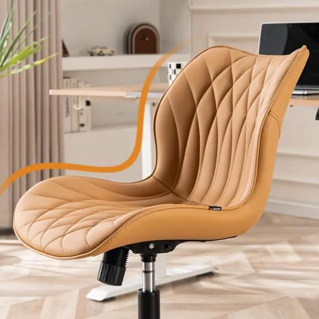 Alt view image 7 of 7 - YOUNUOKE Armless Desk Chair Comfy Office Chair with Wheels Home Ergonomic Task Chair Adjustable Computer Chairs Modern Faux Leather Swivel Chair Upholstered Makeup Vanity Chair with Back(Camel)