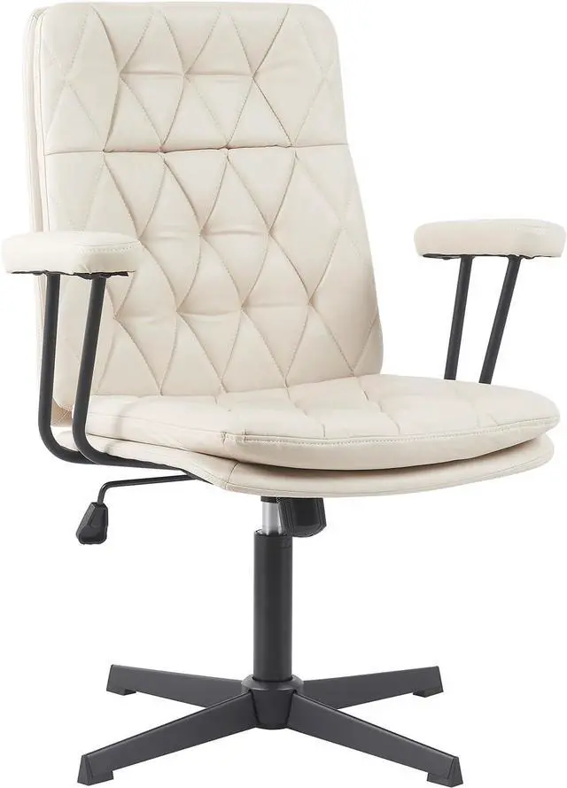 Alt view image 7 of 7 - Desk Chair No Wheels with Arms Crossleg Stationary Ergonomic Soft Cushion Home Office Swivel Working Computer Chair Cream White