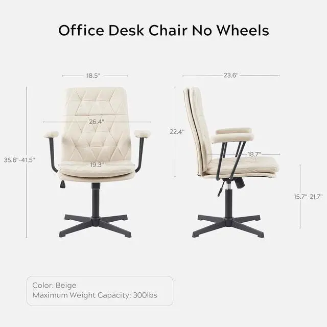 Alt view image 2 of 7 - Desk Chair No Wheels with Arms Crossleg Stationary Ergonomic Soft Cushion Home Office Swivel Working Computer Chair Cream White