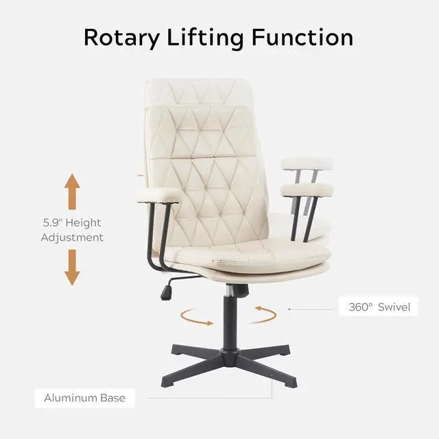 Alt view image 5 of 7 - Desk Chair No Wheels with Arms Crossleg Stationary Ergonomic Soft Cushion Home Office Swivel Working Computer Chair Cream White
