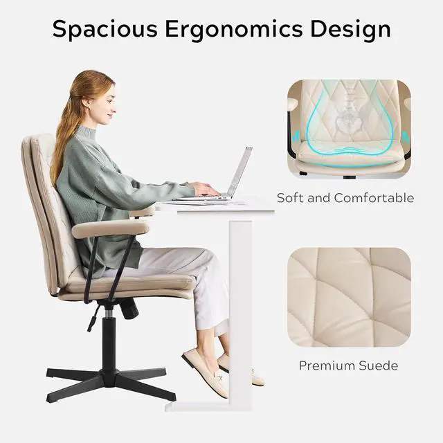 Alt view image 6 of 7 - Desk Chair No Wheels with Arms Crossleg Stationary Ergonomic Soft Cushion Home Office Swivel Working Computer Chair Cream White