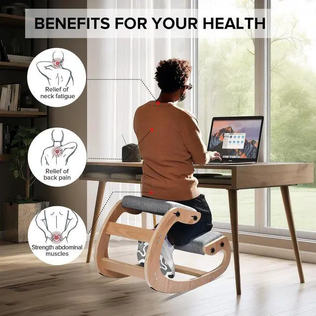 Alt view image 3 of 7 - Kneeling Chair Ergonomic Posture Chair, Wood Adjustable Rocking Knee with Soft Padding, Natural Relief for Neck or Back Pain for Home Office, Max Load 300 lb