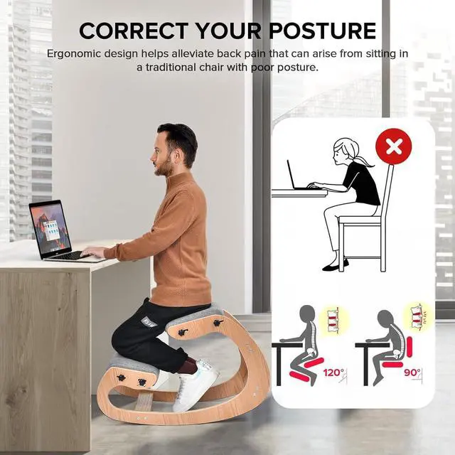 Alt view image 4 of 7 - Kneeling Chair Ergonomic Posture Chair, Wood Adjustable Rocking Knee with Soft Padding, Natural Relief for Neck or Back Pain for Home Office, Max Load 300 lb