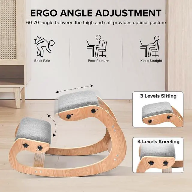 Alt view image 7 of 7 - Kneeling Chair Ergonomic Posture Chair, Wood Adjustable Rocking Knee with Soft Padding, Natural Relief for Neck or Back Pain for Home Office, Max Load 300 lb