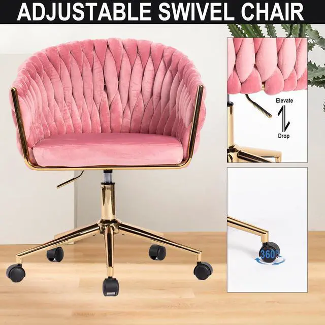 Alt view image 5 of 7 - Velvet Office Chair, Pink Desk Chair Vanity Chairs with Wheels, 360° Swivel Home Office Desk Chair Computer Chairs, Accent Makeup Vanity Chair for Bedroom, Living Room(Pink)