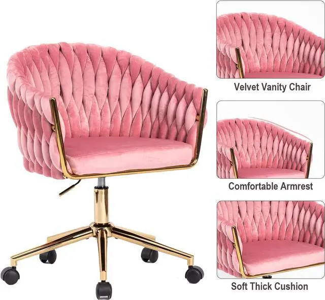 Alt view image 6 of 7 - Velvet Office Chair, Pink Desk Chair Vanity Chairs with Wheels, 360° Swivel Home Office Desk Chair Computer Chairs, Accent Makeup Vanity Chair for Bedroom, Living Room(Pink)
