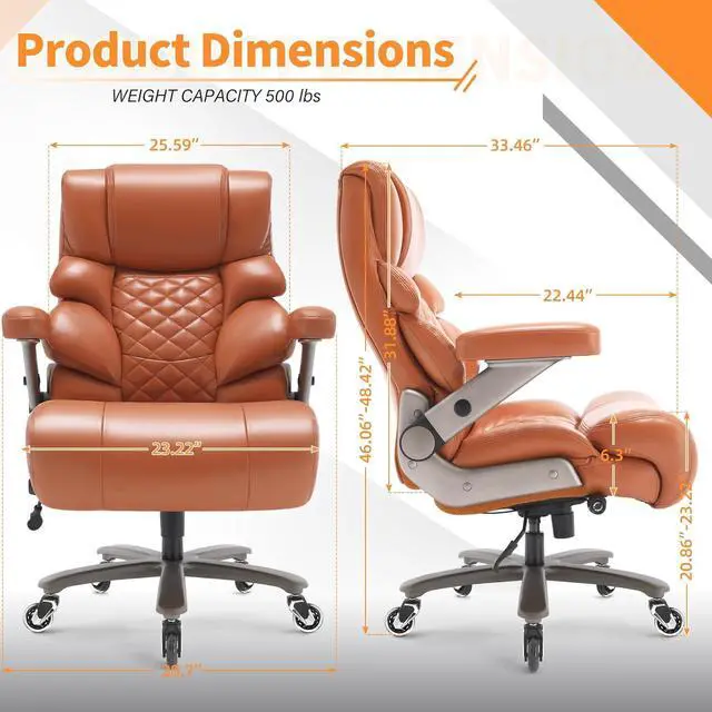 Alt view image 2 of 7 - 500lbs Big and Tall Office Chair-Large Computer Chair with Adjustable Lumbar Support 3D Flip Arms Plus Size Wheels, High Back Executive Desk Chair, Heavy Duty Metal Base, Thick Padded Wide Seat