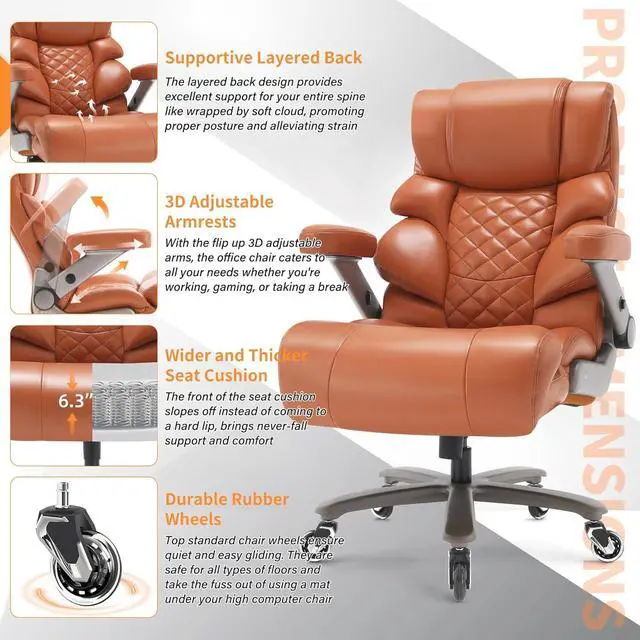 Alt view image 6 of 7 - VUZI 700lbs Big and Tall Office Chair-Large Computer Chair with Adjustable Lumbar Support 3D Flip Arms Plus Size Wheels, High Back Executive Desk Chair, Heavy Duty Metal Base, Thick Padded Wide Seat