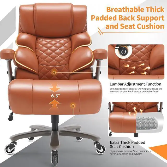 Alt view image 5 of 7 - VUZI 700lbs Big and Tall Office Chair-Large Computer Chair with Adjustable Lumbar Support 3D Flip Arms Plus Size Wheels, High Back Executive Desk Chair, Heavy Duty Metal Base, Thick Padded Wide Seat