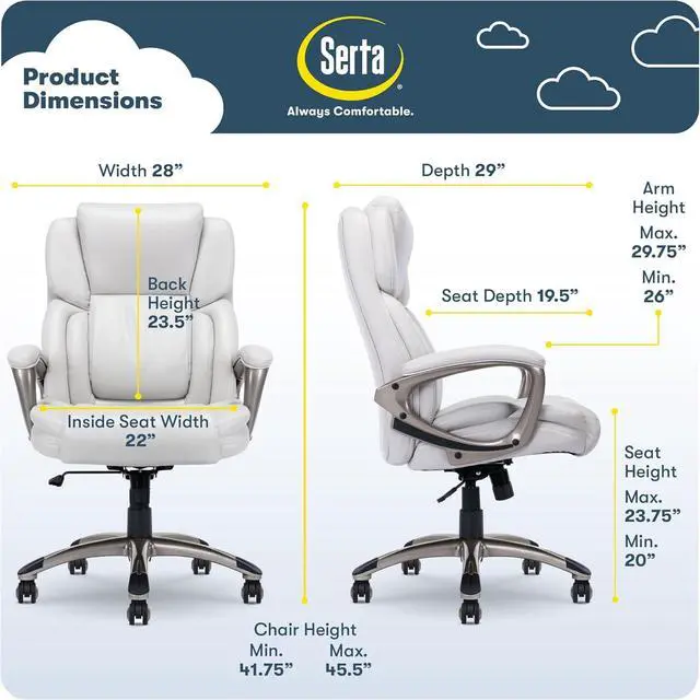 Alt view image 2 of 7 - Serta Garret Executive Office Chair, Ergonomic Mid-Back with Lumbar Support, Semi-Plush Cushion and Body Pillows, Padded Armrests, Swivel Base, Bonded Leather, White