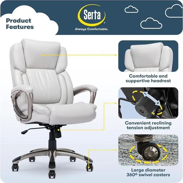 Alt view image 3 of 7 - Serta Garret Executive Office Chair, Ergonomic Mid-Back with Lumbar Support, Semi-Plush Cushion and Body Pillows, Padded Armrests, Swivel Base, Bonded Leather, White