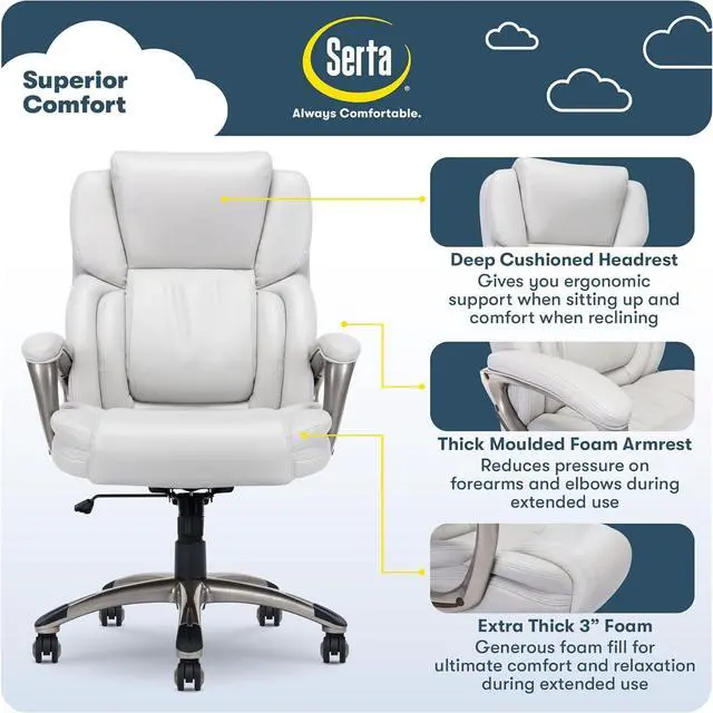 Alt view image 4 of 7 - Serta Garret Executive Office Chair, Ergonomic Mid-Back with Lumbar Support, Semi-Plush Cushion and Body Pillows, Padded Armrests, Swivel Base, Bonded Leather, White