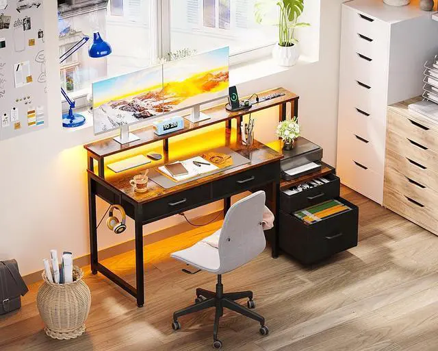 Alt view image 2 of 7 - AODK Computer Desk with 4 Drawers, 48 Inch Reversible Desk with Led Lights & Power Outlet, Office Desk with File Drawer & Monitor Stand, Work Table for Home Office, Rustic Brown