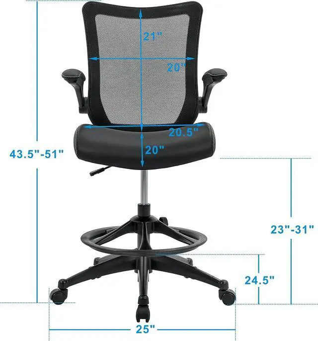 Alt view image 2 of 7 - OfficeFactor Drafting Chair Tall Office Chair, 300 lb Capacity Standing Desk Chair, Adjustable & Ergonomic Desk Chair, Flip-Up Armrests, Mesh Back, Comfortable Leather (Black)