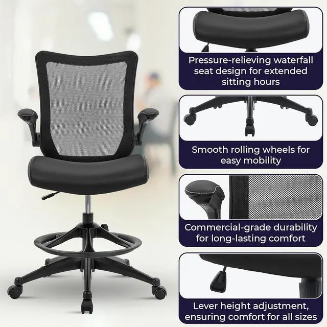 Alt view image 4 of 7 - OfficeFactor Drafting Chair Tall Office Chair, 300 lb Capacity Standing Desk Chair, Adjustable & Ergonomic Desk Chair, Flip-Up Armrests, Mesh Back, Comfortable Leather (Black)