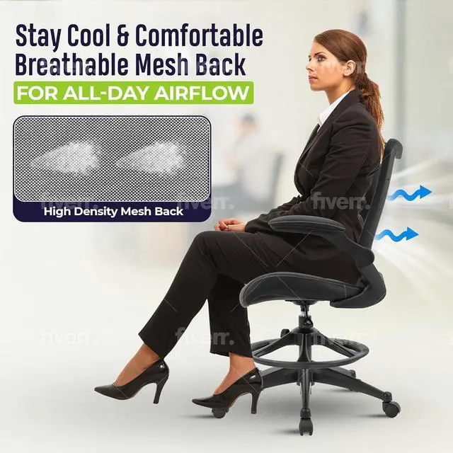 Alt view image 5 of 7 - OfficeFactor Drafting Chair Tall Office Chair, 300 lb Capacity Standing Desk Chair, Adjustable & Ergonomic Desk Chair, Flip-Up Armrests, Mesh Back, Comfortable Leather (Black)