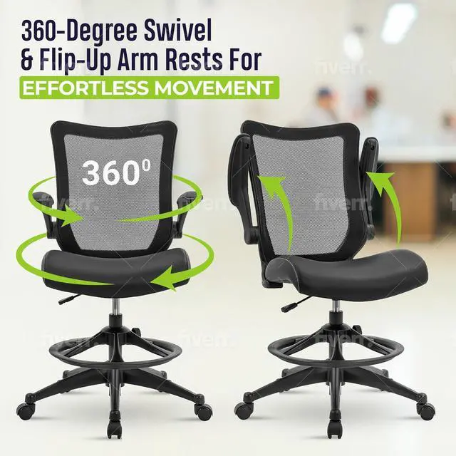 Alt view image 6 of 7 - OfficeFactor Drafting Chair Tall Office Chair, 300 lb Capacity Standing Desk Chair, Adjustable & Ergonomic Desk Chair, Flip-Up Armrests, Mesh Back, Comfortable Leather (Black)