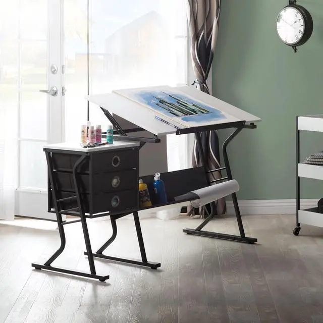 Alt view image 2 of 6 - SD Studio Designs 2 Piece Eclipse Ultra Center/Drawing Table with Stool, Angle Adjustable Top, Storage Shelves, and Drawers
