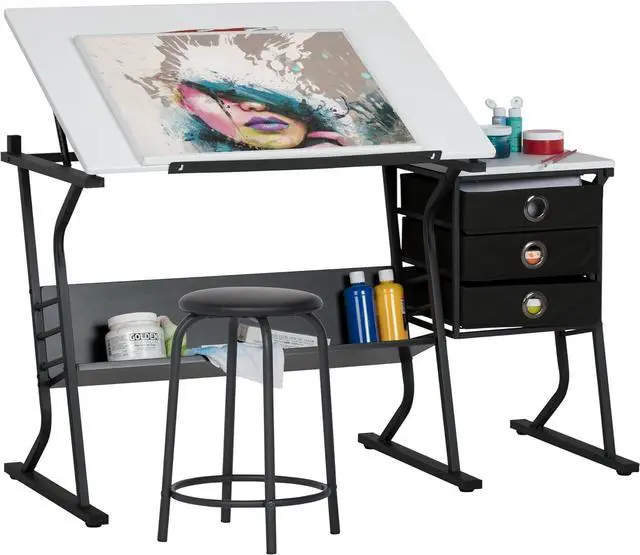 Alt view image 6 of 6 - SD Studio Designs 2 Piece Eclipse Ultra Center/Drawing Table with Stool, Angle Adjustable Top, Storage Shelves, and Drawers