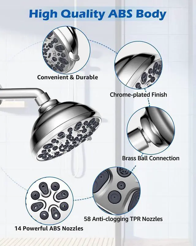 Alt view image 4 of 6 - High Pressure Shower Head VMASSTONE 4.7" Rain Fixed Showerhead 7-Spray Setting with Adjustable Brass Swivel Ball Joint - Excellent Replacement for Your Bath Shower Head (FM-001 Chrome)
