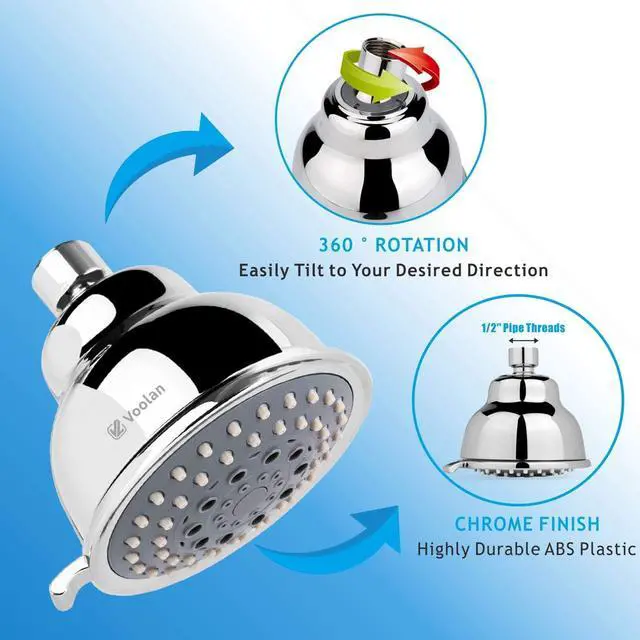 Alt view image 3 of 7 - Voolan High Pressure Shower Head - 4 Inches Rain Showerhead - 5 Spray Settings - Luxury Modern Chrome Look - Perfect Adjustable Replacement for Bathroom Shower Heads