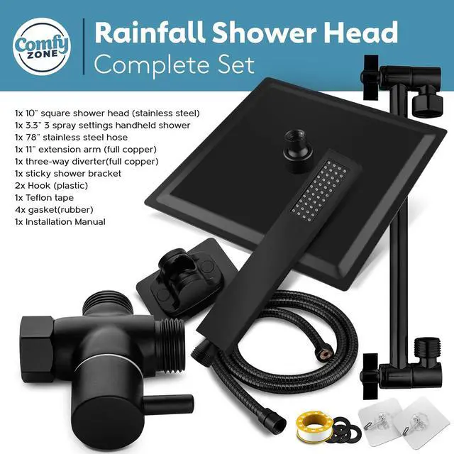 Alt view image 5 of 6 - 10" Rainfall Shower Head with Handheld - High Pressure Shower Heads with Stainless Steel Hose - Rain Shower Head
