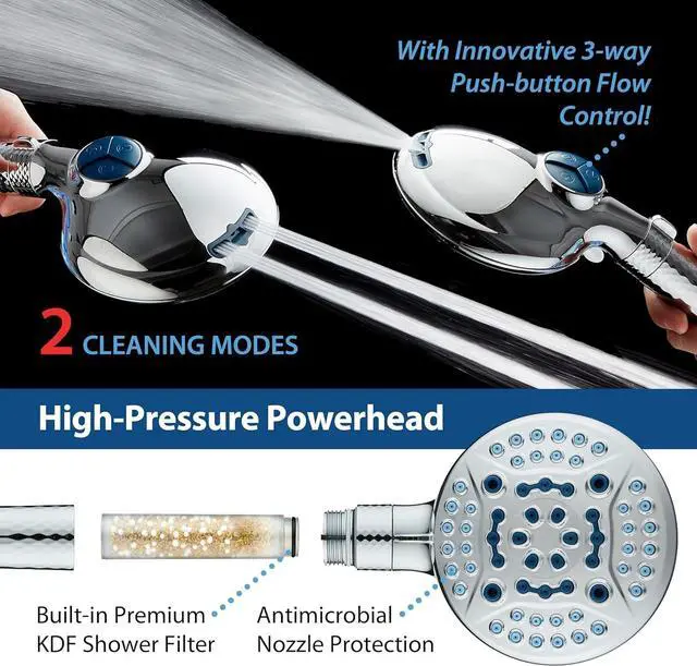 Alt view image 5 of 7 - AquaCare High Pressure 6-way Dual Shower Head Combo with Built-in Filter & Power Wash - Clean Tub, Tile & Pets. Remove Chlorine, Lead & Toxins from Water to Protect Skin, Hair, & Nails. Chrome Finish