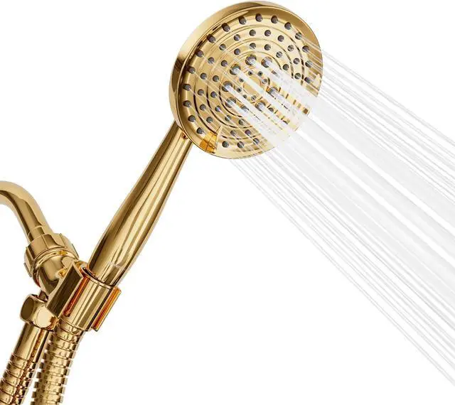 Main image of Luxury Spa: ImperialShine Gold Hand Held Shower Head, 5 inch 6 Spray Settings Handheld Showerhead with Extra-Long Hose, Experience Comfort and Elegance (Polished Brass/ImperialShine Gold)