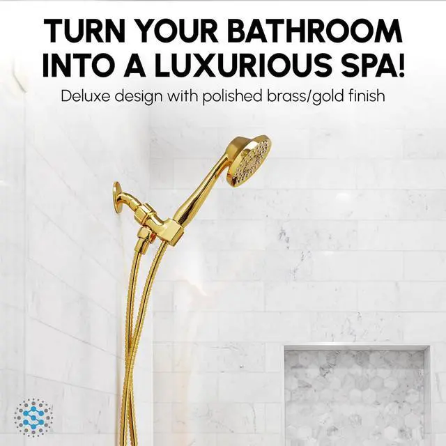 Alt view image 2 of 7 - Luxury Spa: ImperialShine Gold Hand Held Shower Head, 5 inch 6 Spray Settings Handheld Showerhead with Extra-Long Hose, Experience Comfort and Elegance (Polished Brass/ImperialShine Gold)