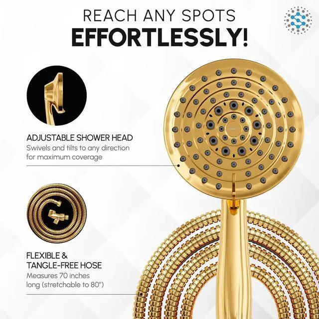 Alt view image 4 of 7 - Luxury Spa: ImperialShine Gold Hand Held Shower Head, 5 inch 6 Spray Settings Handheld Showerhead with Extra-Long Hose, Experience Comfort and Elegance (Polished Brass/ImperialShine Gold)