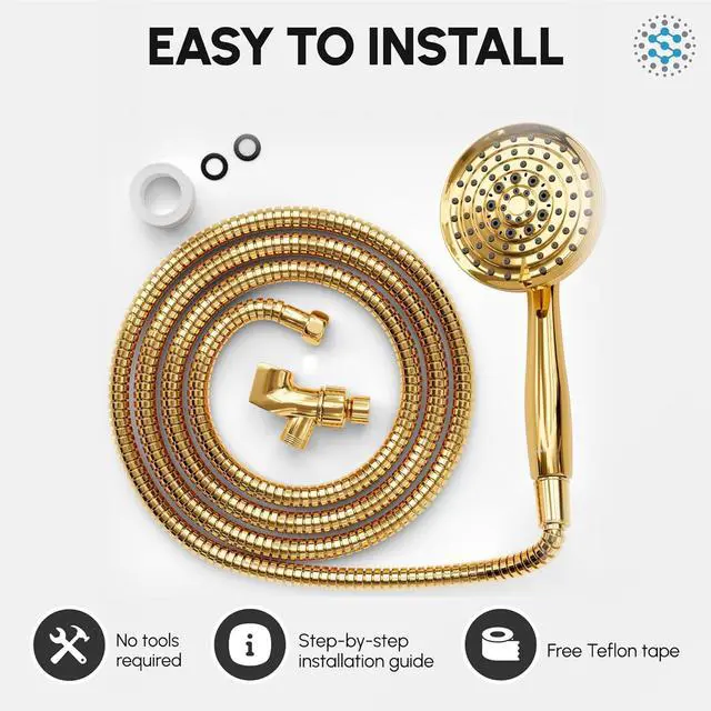 Alt view image 6 of 7 - Luxury Spa: ImperialShine Gold Hand Held Shower Head, 5 inch 6 Spray Settings Handheld Showerhead with Extra-Long Hose, Experience Comfort and Elegance (Polished Brass/ImperialShine Gold)