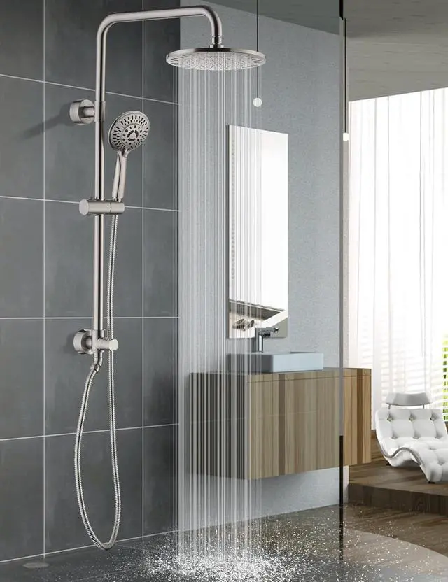 Alt view image 2 of 7 - BRIGHT SHOWERS Rain System Including 9 Inch Rainfall shower head and Handheld with Height Adjustable Holder, Solid Brass Rail and 60 Inch Long Stainless Steel Shower Hose