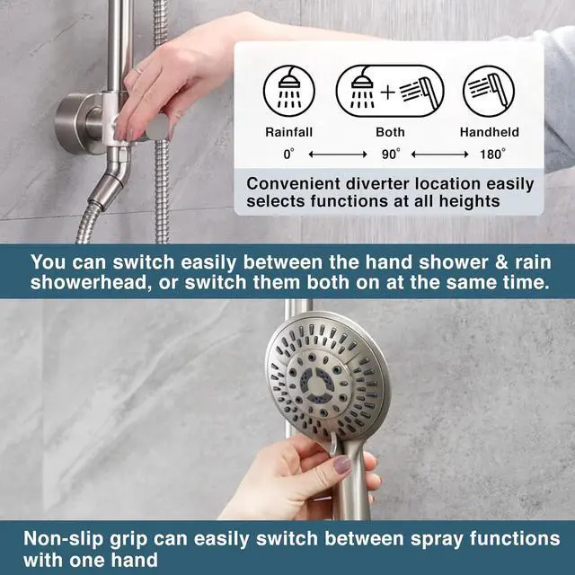 Alt view image 5 of 7 - BRIGHT SHOWERS Rain System Including 9 Inch Rainfall shower head and Handheld with Height Adjustable Holder, Solid Brass Rail and 60 Inch Long Stainless Steel Shower Hose