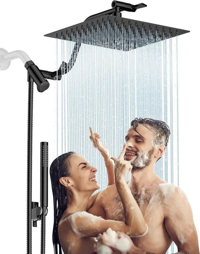 Main image of HOPOPRO 10 All Metal Rainfall Shower Head Combo with Handheld Spray, High Pressure Showerhead Combination, Adjustable Dual Showerheads with Extension Arm, Full-Body Coverage Shower Experience, Black