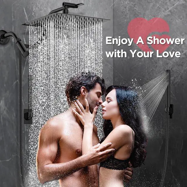 Alt view image 2 of 6 - HOPOPRO 10 All Metal Rainfall Shower Head Combo with Handheld Spray, High Pressure Showerhead Combination, Adjustable Dual Showerheads with Extension Arm, Full-Body Coverage Shower Experience, Black