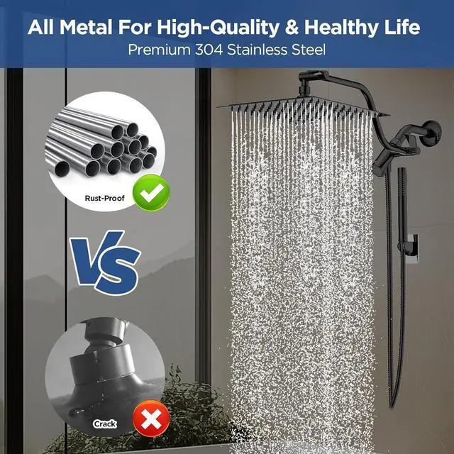 Alt view image 4 of 6 - HOPOPRO 10 All Metal Rainfall Shower Head Combo with Handheld Spray, High Pressure Showerhead Combination, Adjustable Dual Showerheads with Extension Arm, Full-Body Coverage Shower Experience, Black