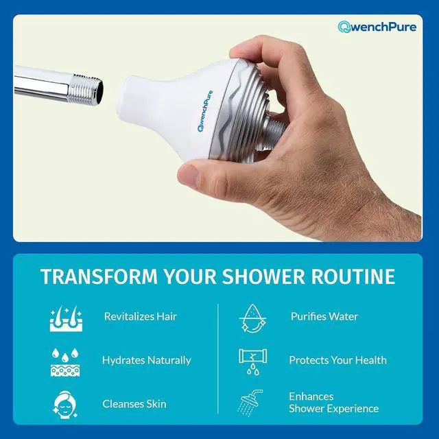 Alt view image 5 of 7 - QwenchPure Shower Filter for Chlorine  High Output, 100% KDF-55, Removes Chlorine & Contaminants, Softens & Purifies Hard Water, Improves Skin & Hair, Easy Installation, Made for Hot Water