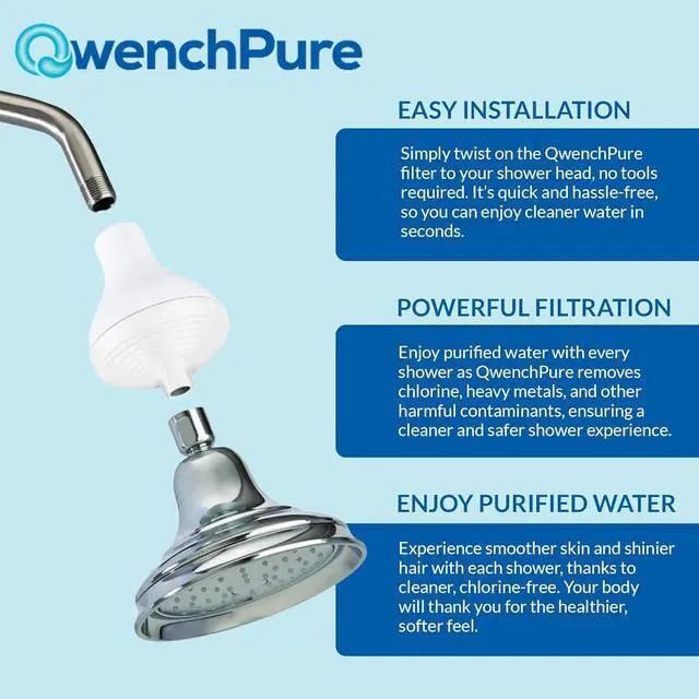 Alt view image 7 of 7 - QwenchPure Shower Filter for Chlorine  High Output, 100% KDF-55, Removes Chlorine & Contaminants, Softens & Purifies Hard Water, Improves Skin & Hair, Easy Installation, Made for Hot Water
